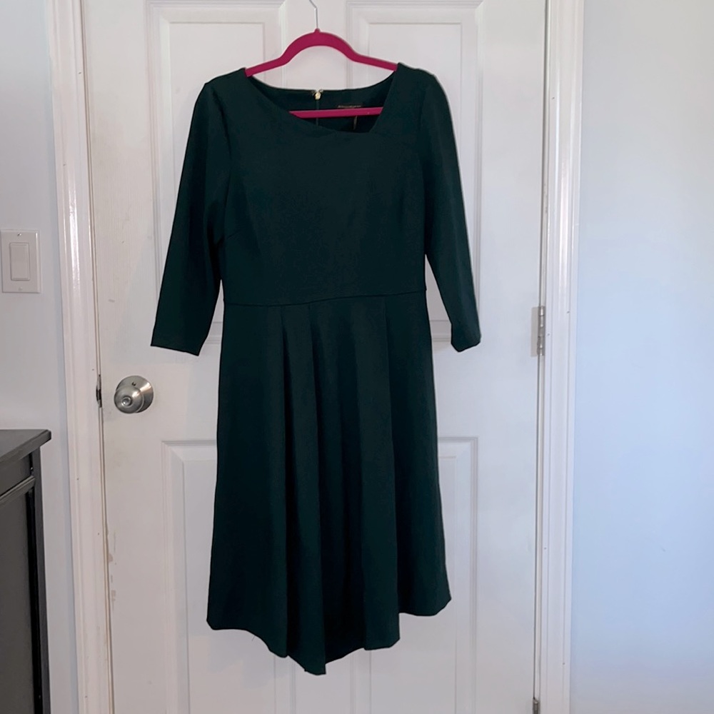 Donna Karan New York Ponte Stretch Quarter Sleeve Pleated Fit Flare Midi Dress.